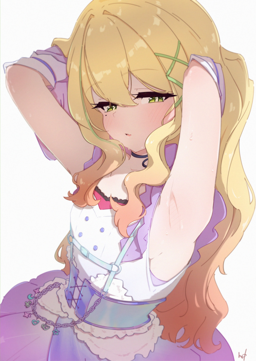 1girl, absurdres, armpits, blonde_hair, blush, breasts, commentary, detached_sleeves, english_commentary, fuzuki_miki, fuzuki_miki_(3rd_costume), green_eyes, hair_between_eyes, half-closed_eyes, hdukl, highres, indie_virtual_youtuber, long_hair, looking_at_viewer, mole, mole_under_eye, multicolored_hair, parted_lips, sideboob, simple_background, small_breasts, solo, streaked_hair, sweat, virtual_youtuber, white_background