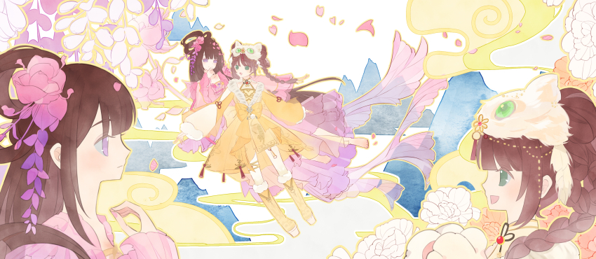 2girls, absurdres, animal_hands, barefoot, beads, blunt_bangs, boots, bow