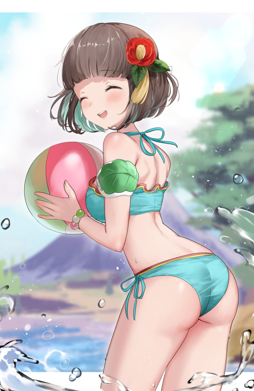 1girl, aqua_bikini, aqua_hair, ball, beachball, bikini, black_hair, brown_hair, closed_eyes, colored_inner_hair, commentary, commission, english_commentary, flower, hair_flower, hair_ornament, haru_(nakajou-28), highres, holding, holding_ball, holding_beachball, iroha_(rune_factory), multicolored_hair, rune_factory, rune_factory:_guardians_of_azuma, second-party_source, smile, swimsuit, upper_body