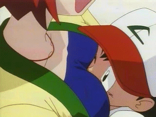 1boy, 1girl, animated, animated_gif, ash_ketchum, baseball_cap, breast_smother, breasts, closed_eyes, collarbone, face_to_breasts, gym_leader, hat, hetero, hug, ichiishi_sayuri, jewelry, lowres, mature_female, necklace, nintendo, official_art, open_mouth, pokemon, pokemon_(anime), qvga, red_hair, ruriko_(pokemon), wince