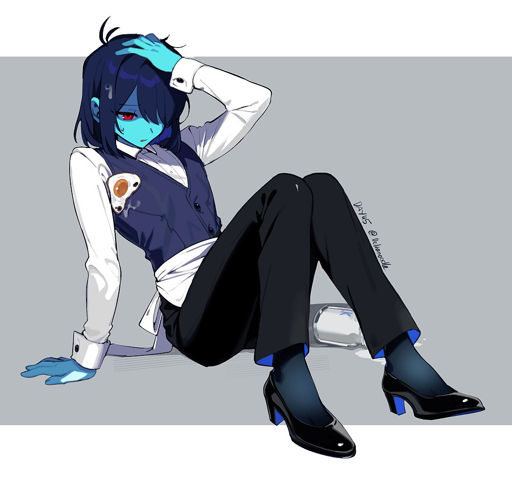 1other, ahoge, alternate_costume, apron, black_pants, black_shoes, blue_hair, blue_skin