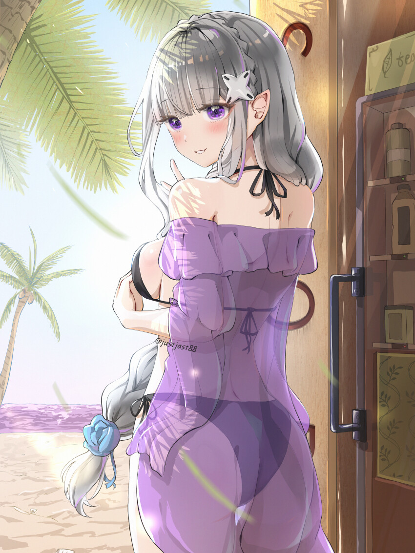 1girl, absurdres, ass, back, bare_shoulders, beach, bikini, black_bikini, blunt_bangs, blush, braid, commentary_request, cowboy_shot, crown_braid, day, door, elf, emilia_(re:zero), flower, from_behind, hair_flower, hair_ornament, hair_over_shoulder, halterneck, hands_up, highres, horizon, justjast, lens_flare, long_hair, looking_at_viewer, looking_back, median_furrow, nightgown, ocean, off-shoulder_nightgown, outdoors, palm_tree, parted_lips, pointy_ears, purple_eyes, purple_nightgown, purple_water, re:zero_kara_hajimeru_isekai_seikatsu, sand, see-through_clothes, see-through_nightgown, shore, shoulder_blades, side-tie_bikini_bottom, side_braid, sky, smile, solo, string_bikini, swimsuit, tree, v, very_long_hair, water, wide_sleeves, x_hair_ornament