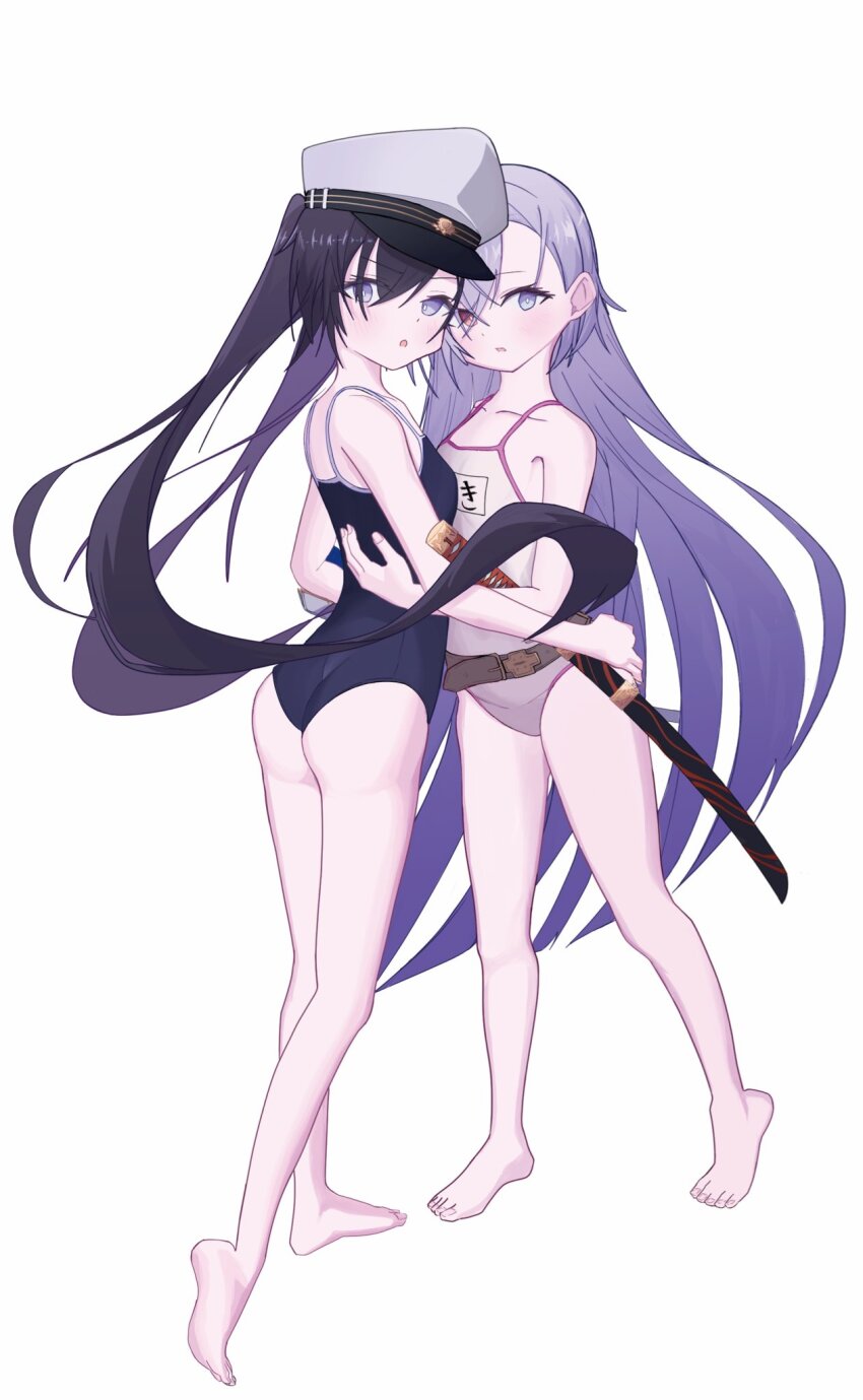 2girls, bare_arms, bare_legs, belt, black_hair, black_one-piece_swimsuit, commentary_request, full_body
