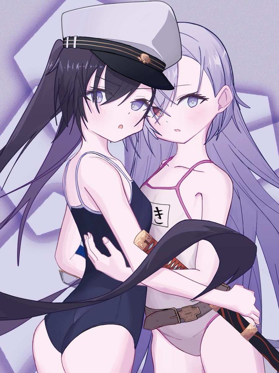 2girls, belt, black_hair, black_one-piece_swimsuit, commentary_request, grey_eyes, grey_hair, grey_hat