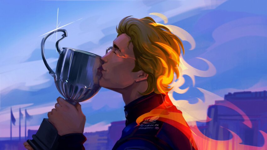 1boy, alternate_universe, blonde_hair, blue_racing_suit, blue_sky, building, closed_eyes, commentary