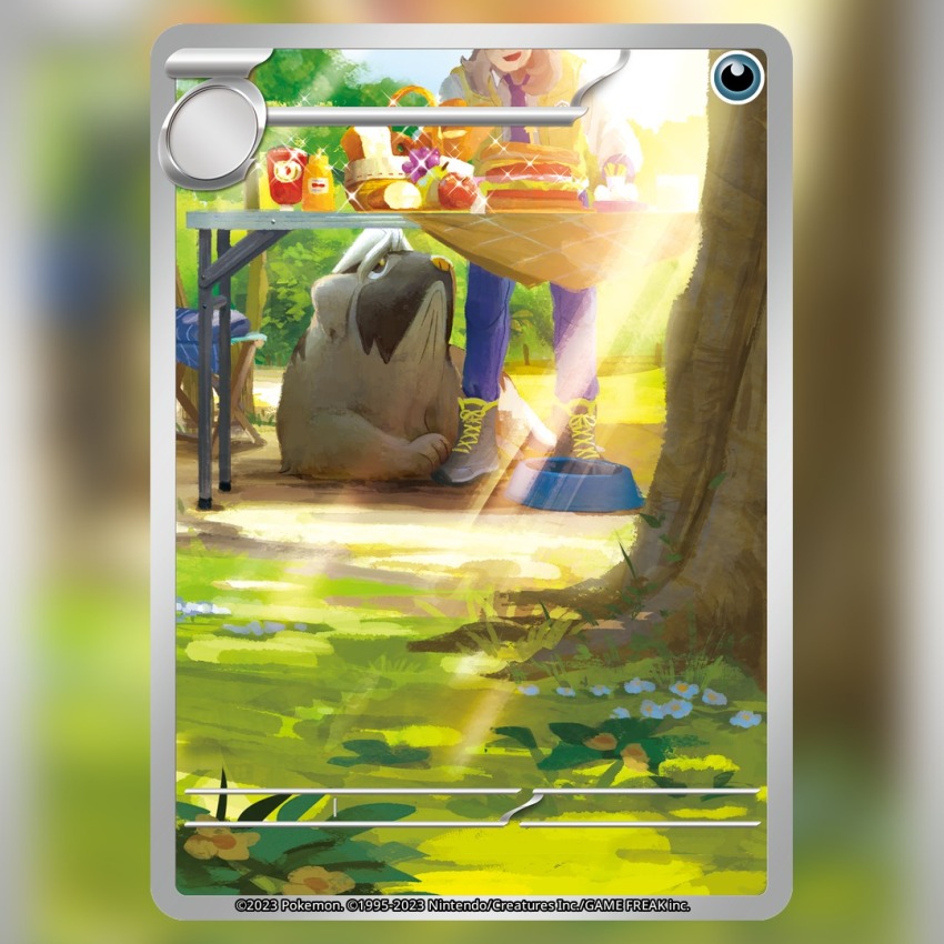 1boy, apple, arven_(pokemon), baguette, basket, blue_pants, boots, bowl, bread, card_(medium), chair, closed_mouth, commentary, company_name, copyright_name, copyright_notice, dog, english_commentary, eyes_out_of_frame, flower, food, fruit, grapes, grass, head_out_of_frame, ketchup_bottle, long_hair, long_sleeves, mabosstiff, mustard_bottle, necktie, nintendo, official_art, okacheke, open_clothes, open_mouth, open_vest, outdoors, pants, pear, pet_bowl, pokemon, pokemon_(creature), pokemon_card, pokemon_focus, pokemon_scarlet_and_violet, pokemon_tcg, purple_necktie, sandwich, school_uniform, shirt, shoelaces, smile, sparkle, standing, sunlight, table, tablecloth, textless_version, third-party_source, trading_card, tree, uva_academy_school_uniform, vest, white_shirt, yellow_vest