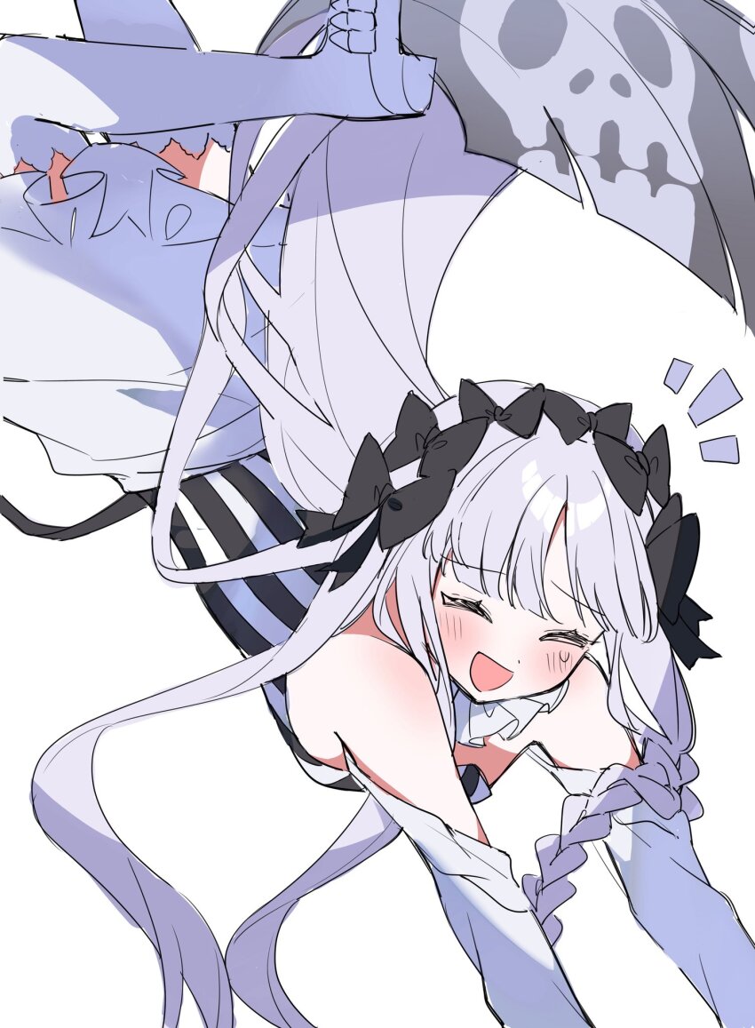 1girl, bare_shoulders, black_bow, blush, bow, braid, breasts, closed_eyes, collar, colored_inner_hair, commentary_request, detached_sleeves, dress, fate/strange_fake, fate_(series), francesca_prelati_(fate), frilled_collar, frills, grey_hair, hair_bow, highres, long_hair, medium_breasts, multicolored_hair, ooo00_cha, open_mouth, sidelocks, skull_print, smile, solo, striped_clothes, striped_dress, thighhighs, thighs, very_long_hair, white_dress, white_hair, white_thighhighs