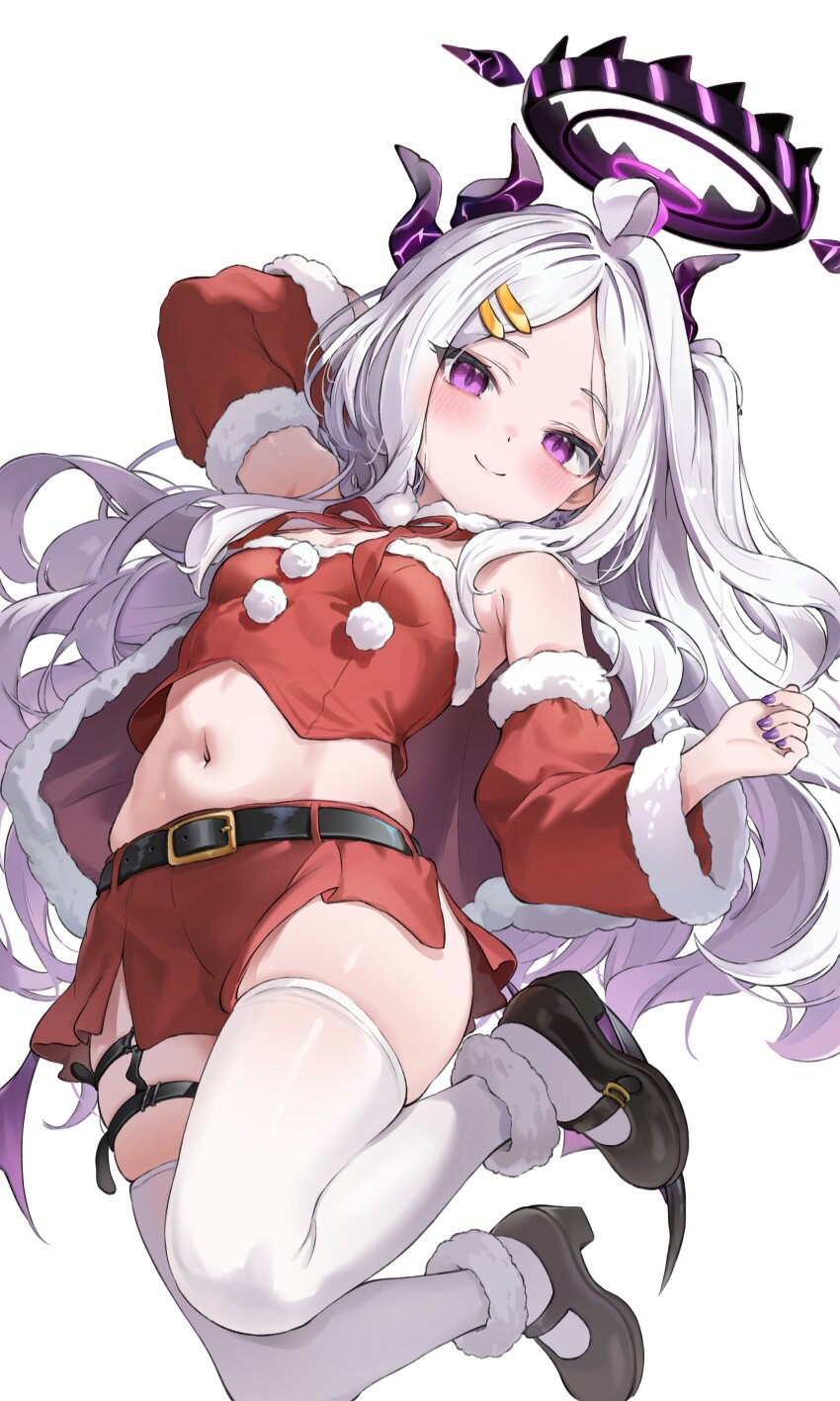 1girl, absurdres, ahoge, arched_back, arm_up, bare_shoulders, black_halo, black_shoes, blue_archive, blush, breasts, cape, christmas, closed_mouth, commentary_request, crop_top, demon_girl, demon_horns, demon_wings, detached_sleeves, forehead, full_body, fur-trimmed_cape, fur-trimmed_sleeves, fur-trimmed_tube_top, fur_buttons, fur_trim, groin, hair_ornament, hairclip, halo, high_heels, highres, hina_(blue_archive), horns, long_hair, looking_at_viewer, low_wings, mary_janes, midriff, mini_wings, multi-source_commentary, multiple_horns, multiple_thigh_straps, nail_polish, navel, nekoya_minamo, parallel_hairclips, parted_bangs, purple_eyes, purple_nails, red_cape, red_shorts, red_sleeves, red_tube_top, santa_costume, shoes, shorts, side_slit, side_slit_shorts, simple_background, skindentation, slit_pupils, small_breasts, smile, solo, strapless, textless_version, thigh_strap, thighhighs, tube_top, very_long_hair, white_background, white_hair, white_thighhighs, wings