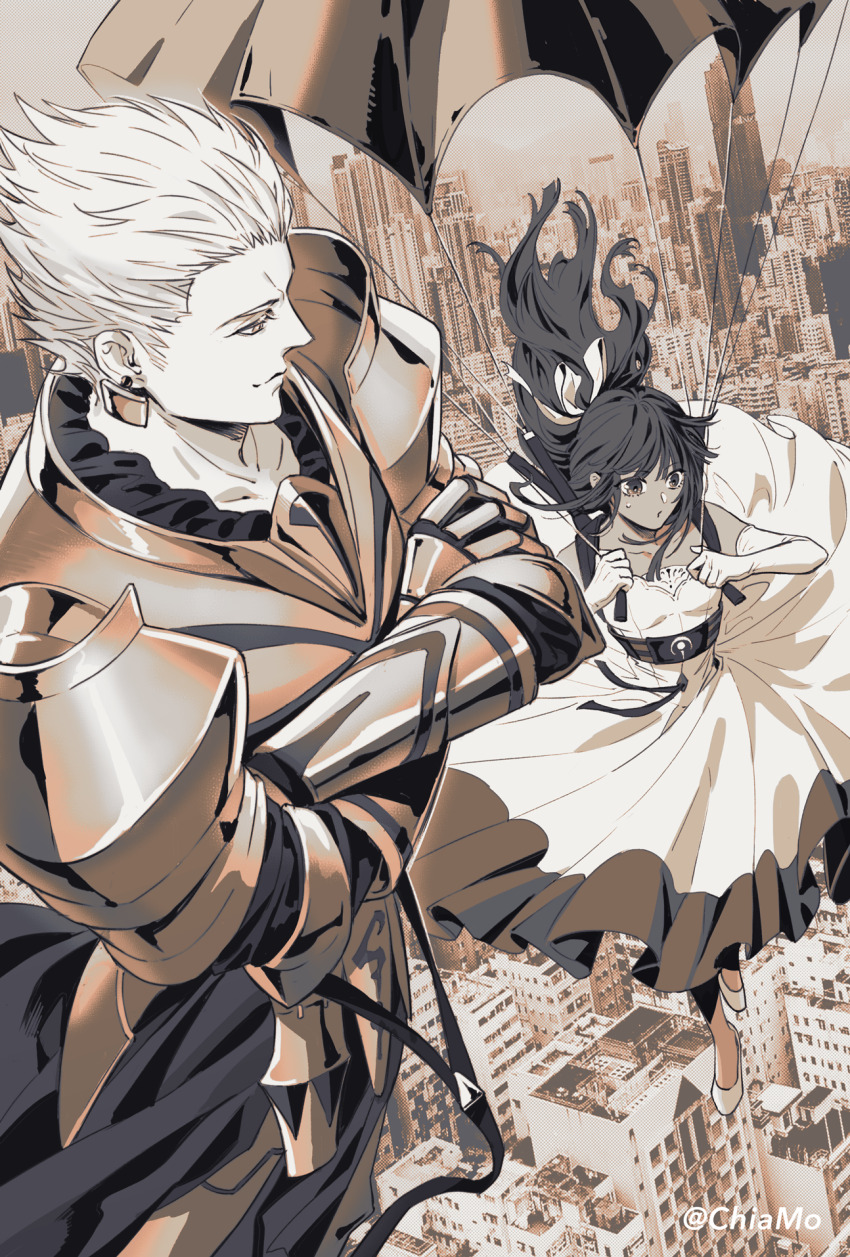 1boy, 1girl, armor, artist_name, chiamo_(lmc_clm), cityscape, commentary_request, crossed_arms