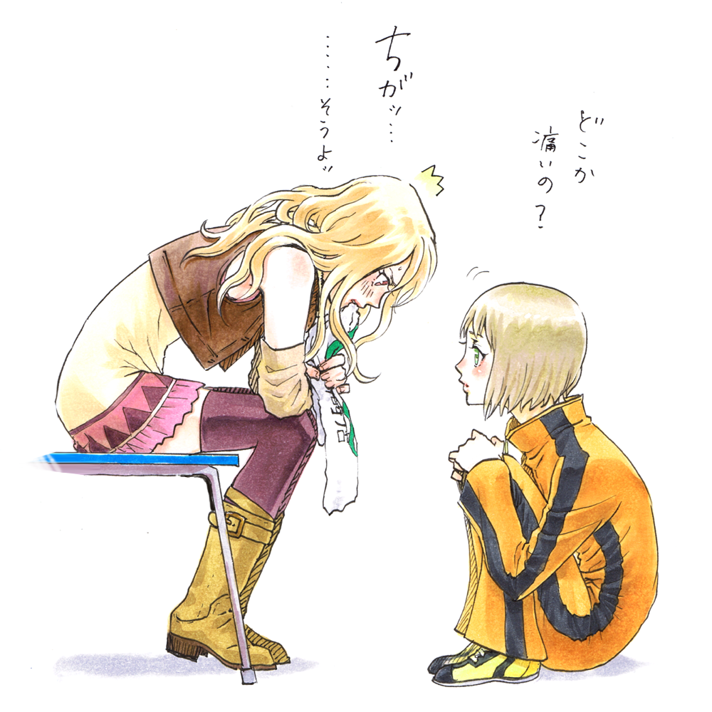 10s, 2girls, bad_id, bad_pixiv_id, bare_shoulders, blonde_hair, boots, brown_legwear