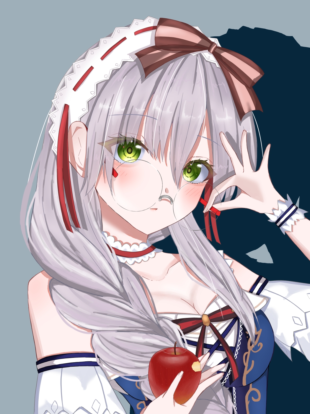 1girl, adjusting_eyewear, apple, bare_shoulders, bitten_apple, commentary_request, e69465, food