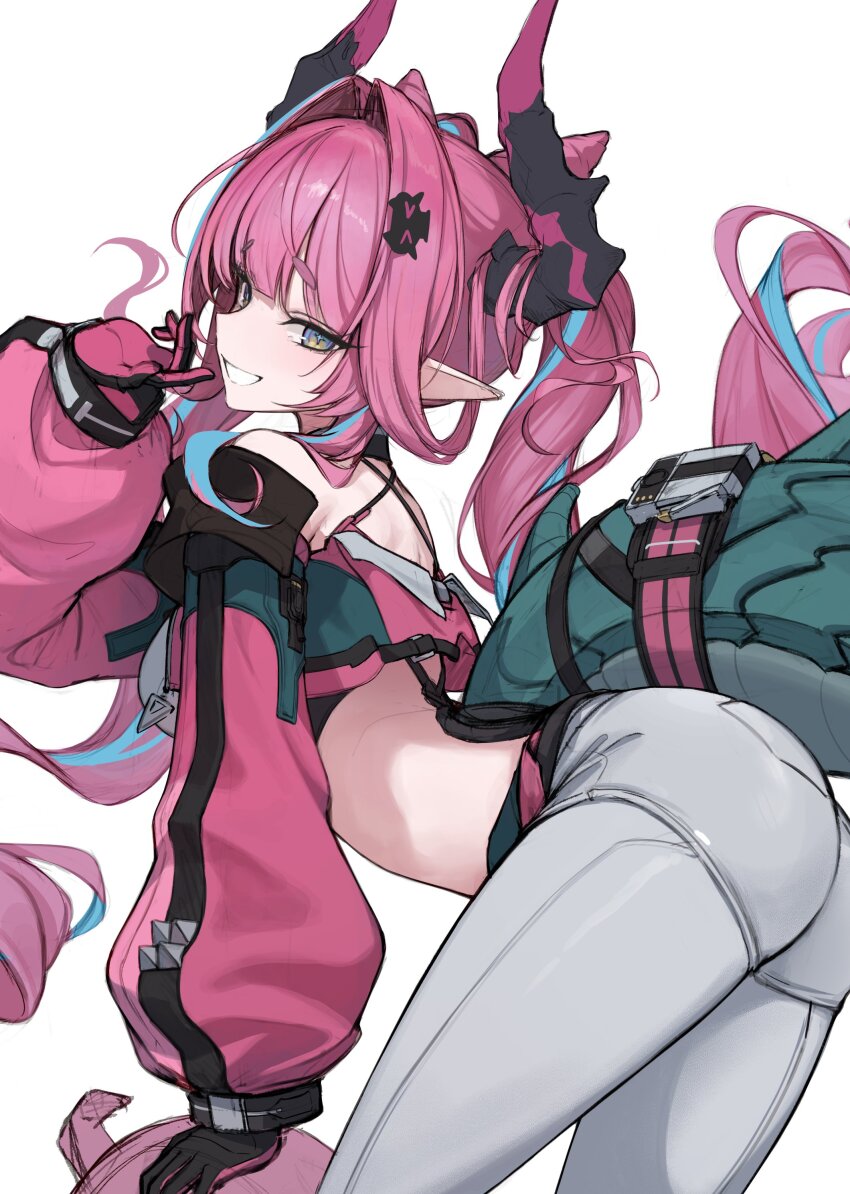 1girl, :d, absurdres, arknights, arknights:_endfield, arm_support, back, bare_shoulders, bent_over, black_gloves, black_horns, blue_hair, crop_top, dragon_girl, dragon_horns, dragon_tail, drill_hair, from_side, g_home, gloves, grey_pants, hair_intakes, hair_ornament, hairclip, halterneck, highres, horns, long_hair, long_sidelocks, looking_at_viewer, looking_back, multicolored_eyes, multicolored_hair, open_mouth, pants, pink_hair, pointy_ears, pouch, puffy_sleeves, sidelocks, smile, solo, stomach, streaked_hair, tail, tail_pouch, thick_eyebrows, twin_drills, twintails, yvonne_(arknights)