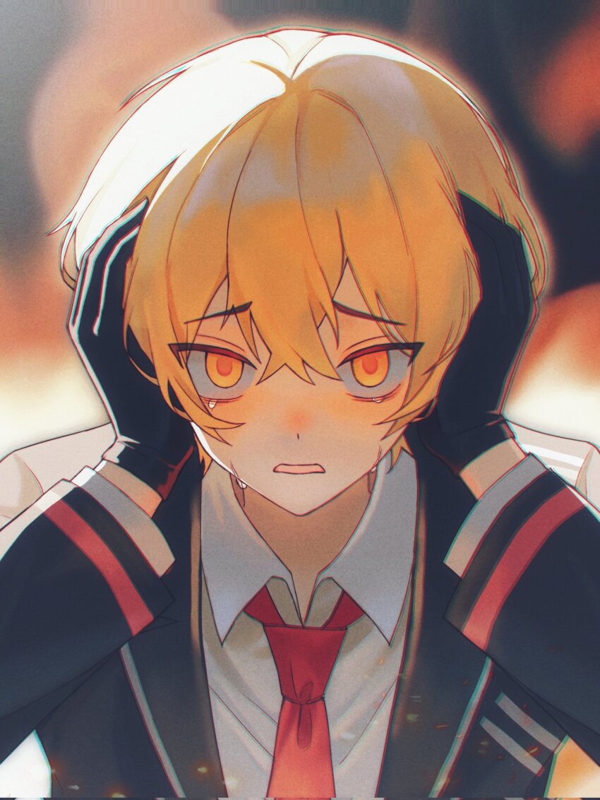 1boy, black_gloves, black_jacket, black_sleeves, black_suit, blonde_hair, buhuaixiaoguai, collar