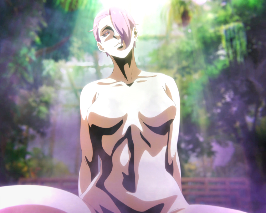 1girl, anime_screenshot, arms_at_sides, breasts, closed_mouth, collarbone, colored_sclera, completely_nude, female_focus, hair_over_one_eye, highres, jigokuraku, large_breasts, looking_at_viewer, no_nipples, nude, purple_hair, red_eyes, rien_(jigokuraku), short_hair, solo, stitched, thighs, third-party_edit, upper_body, yellow_sclera