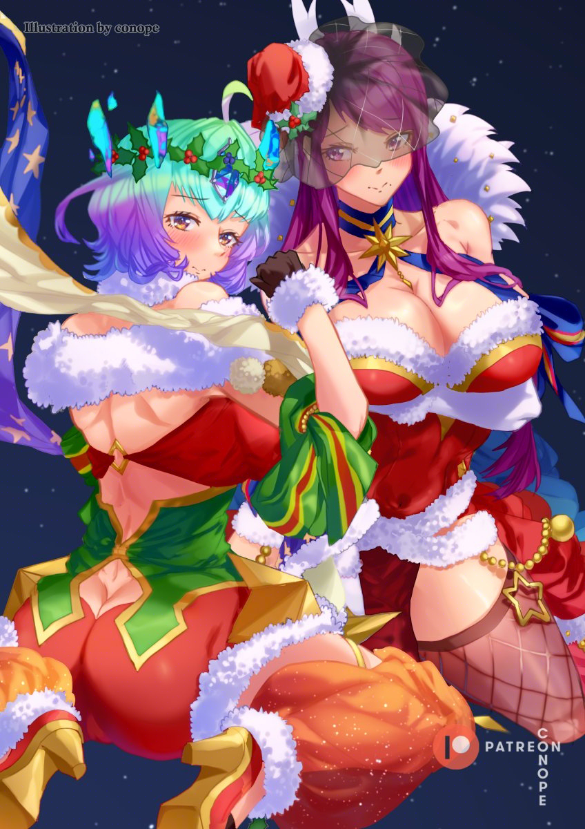 2girls, ass, breasts, butt_crack, cape, christmas, commentary, conope, english_commentary, fire_emblem, fire_emblem_engage, fire_emblem_heroes, fur-trimmed_cape, fur-trimmed_gloves, fur_trim, gloves, high_heels, highres, ivy_(fire_emblem), ivy_(flurry_embrace)_(fire_emblem), large_breasts, looking_at_viewer, multiple_girls, nintendo, official_alternate_costume, purple_hair, red_gloves, santa_costume, seidr_(candlelit_hope)_(fire_emblem), seidr_(fire_emblem)