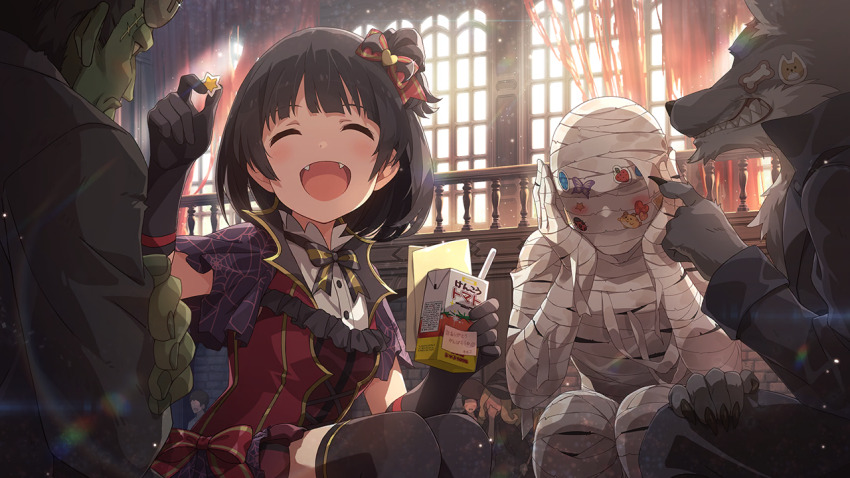 1girl, 3boys, :d, bow, bowtie, closed_eyes, commentary_request, day