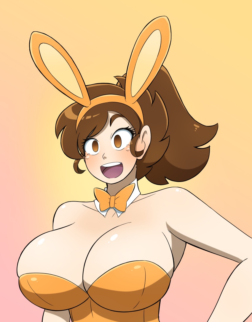 absurdres, bow, bowtie, breasts, brown_eyes, brown_hair, cleavage, detached_collar, genderswap, genderswap_(mtf), high_ponytail, highres, kobi-tfs, kobi_(kobi-tfs), large_breasts, leotard, non-web_source, orange_bow, orange_bowtie, orange_leotard, original, playboy_bunny, ponytail, smile