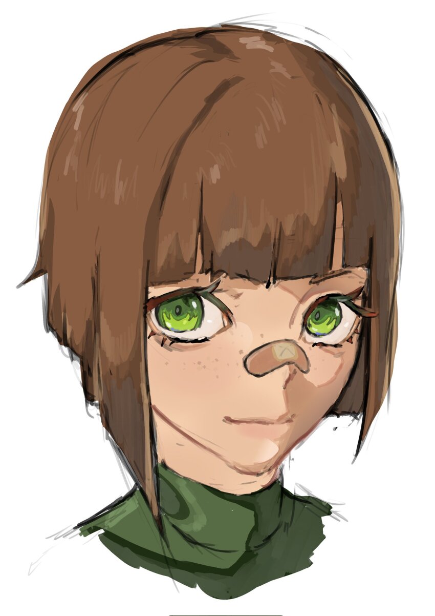 1girl, bandaid, bandaid_on_face, bandaid_on_nose, blunt_bangs, blunt_ends, bob_cut, brown_hair, cropped_shoulders, doghunt14716979, freckles, green_eyes, green_shirt, hashtag-only_commentary, highres, inverted_bob, kasia_(peripeteia), light_smile, looking_at_viewer, painterly, peripeteia, shirt, short_hair, sidelighting, simple_background, sketch, solo, white_background