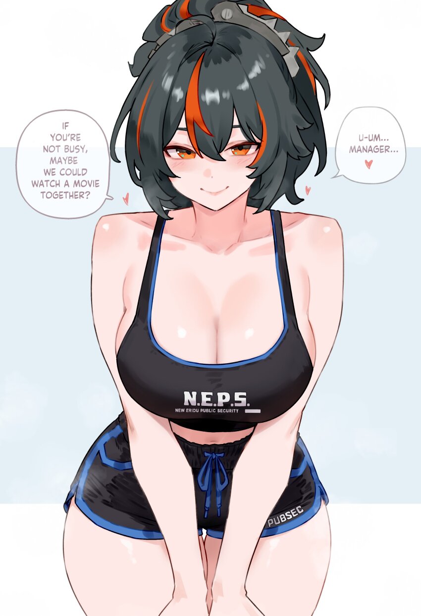 1girl, absurdres, black_hair, black_shorts, black_tank_top, bluefield, breasts, cleavage, closed_mouth, clothes_writing, commentary, crop_top, dolphin_shorts, double-parted_bangs, english_text, hair_between_eyes, highres, large_breasts, looking_at_viewer, medium_hair, orange_eyes, orange_streaks, short_shorts, shorts, simple_background, smile, solo, speech_bubble, tank_top, zenless_zone_zero, zhu_yuan