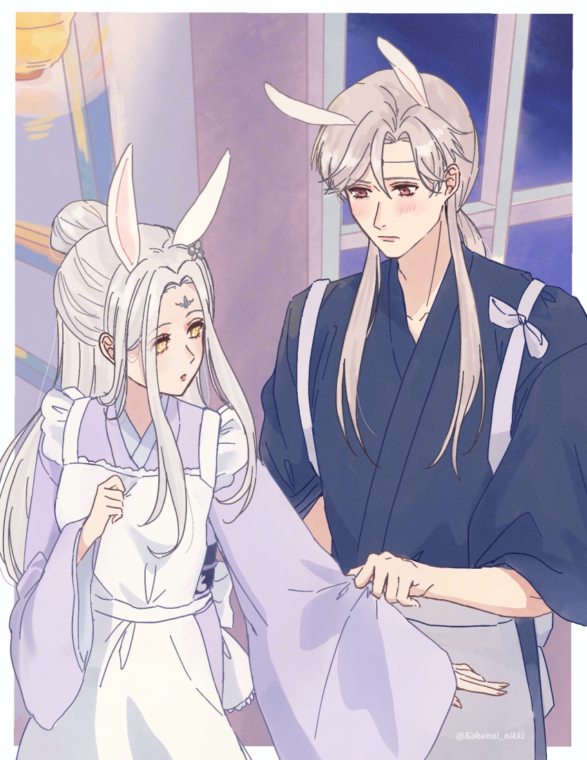 1boy, 1girl, adjusting_another's_clothes, alternate_costume, animal_ears, apron, back_bow, baishuo_(shining_nikki)