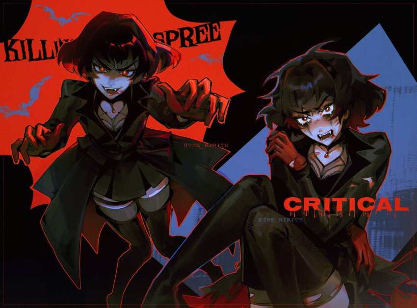 1girl, black_coat, black_hair, black_thighhighs, boots, coat, commentary, deadlock_(game), didi_(galacticdidi), english_commentary, gloves, highres, makeup, mina_(deadlock), red_eyes, red_gloves, runny_makeup, short_hair, thigh_boots, thighhighs