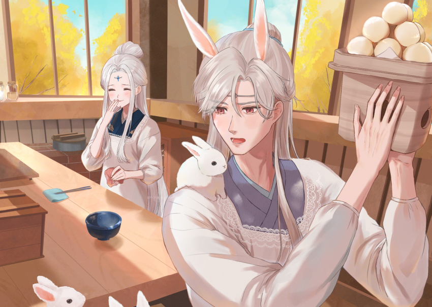 1boy, 1girl, ^_^, animal, animal_ears, animal_on_shoulder, baishuo_(shining_nikki), blue_hanfu