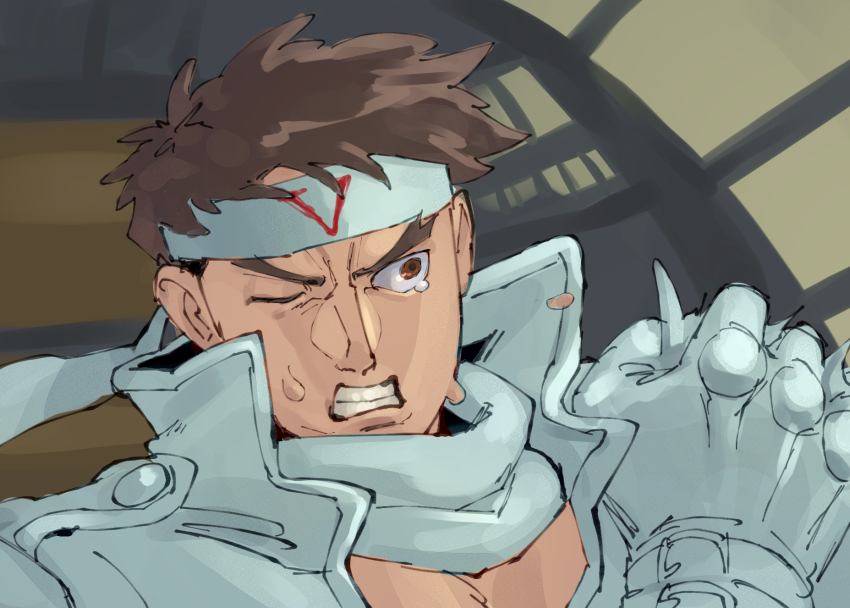 1boy, brown_eyes, brown_hair, clenched_hand, clenched_teeth, cockpit, commentary_request, cyberbots