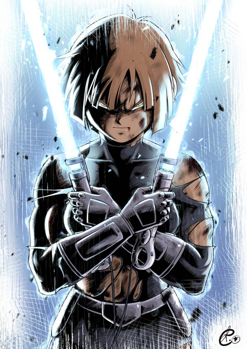 1girl, artist_logo, battle_damage, belt, benoit_picard, black_unitard, blue_aura, blue_light