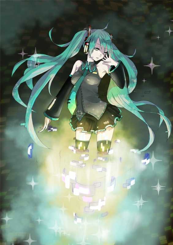 1girl, ahoge, detached_sleeves, digital_dissolve, female_focus, green_hair, hatsune_miku, long_hair, luna1116, necktie, skirt, solo, thighhighs, twintails, very_long_hair, vocaloid