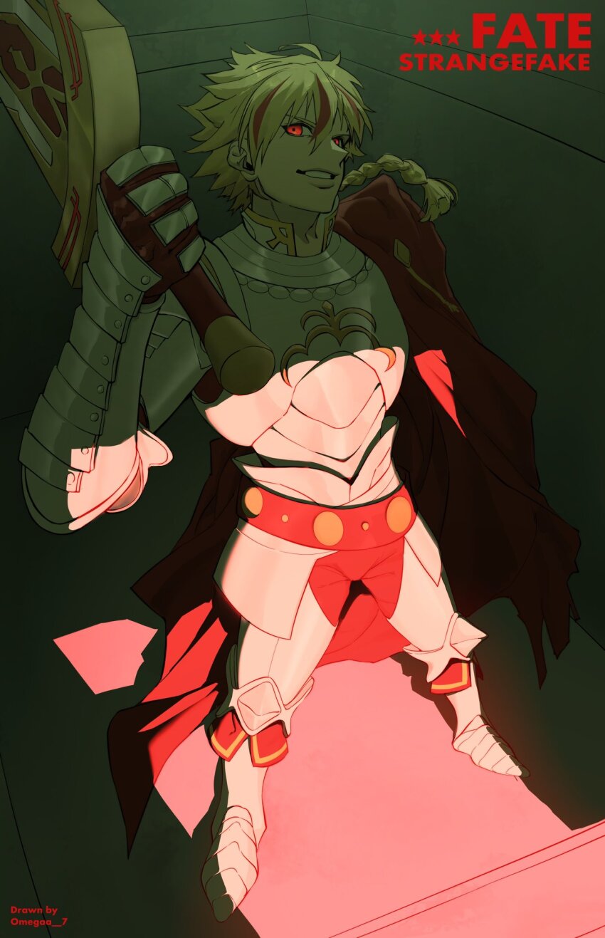 1boy, armor, artist_name, blonde_hair, braid, cape, commentary, copyright_name