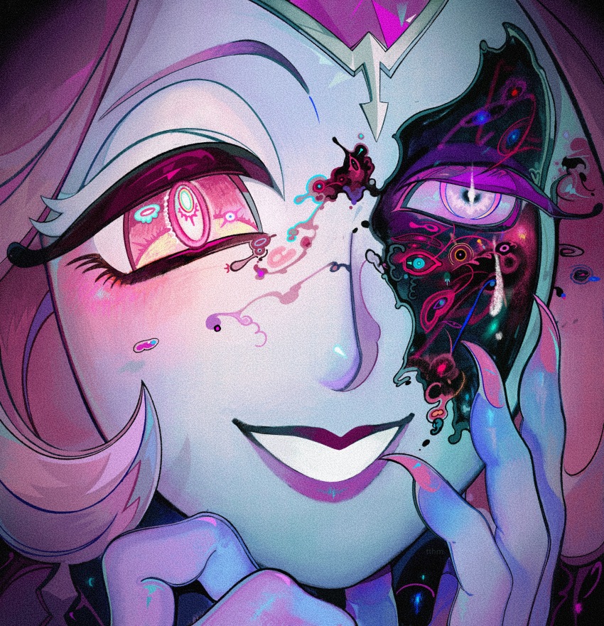 1girl, absurdres, blush, chinese_commentary, commentary_request, cookie_run, cookie_run:_kingdom, cracked_kawaii_mask, cracked_skin, eternal_sugar_cookie, fingernails, grin, highres, karsin2022, long_hair, looking_at_viewer, pink_eyes, pink_hair, pink_lips, pink_nails, sharp_fingernails, smile, solo, teardrop