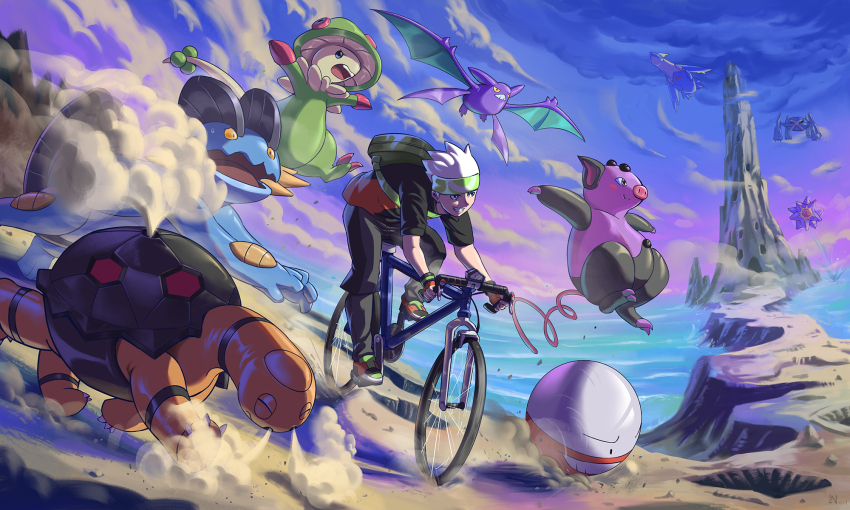 1boy, bicycle, black_pants, black_shirt, blush, blush_stickers, breloom, brendan_(pokemon)