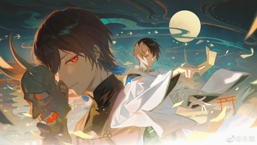 2boys, absurdres, architecture, ayn_alwyn, ayn_alwyn_(oneiric_heian-kyo), between_fingers, bird, black_hair, black_shirt, chinese_commentary, cloud, commentary_request, cowboy_shot, dual_persona, earrings, east_asian_architecture, egasumi, flower_knot, flying_paper, full_moon, glowing, glowing_eye, green_sky, hair_between_eyes, hand_up, highres, holding, holding_mask, japanese_clothes, jewelry, kariginu, long_sleeves, looking_at_viewer, lovebrush_chronicles, male_focus, mask, moon, multiple_boys, noland, official_alternate_costume, oni_mask, outstretched_arm, paper, pine_tree, portrait, red_eyes, robe, serious, shirt, short_hair, sideways_glance, sky, slit_pupils, smile, standing, swallow_(bird), talisman, tassel, tassel_earrings, torii, tower, tree, turtleneck, turtleneck_shirt, unworn_mask, v-shaped_eyebrows, watermark, weibo_watermark, white_robe, wide_sleeves