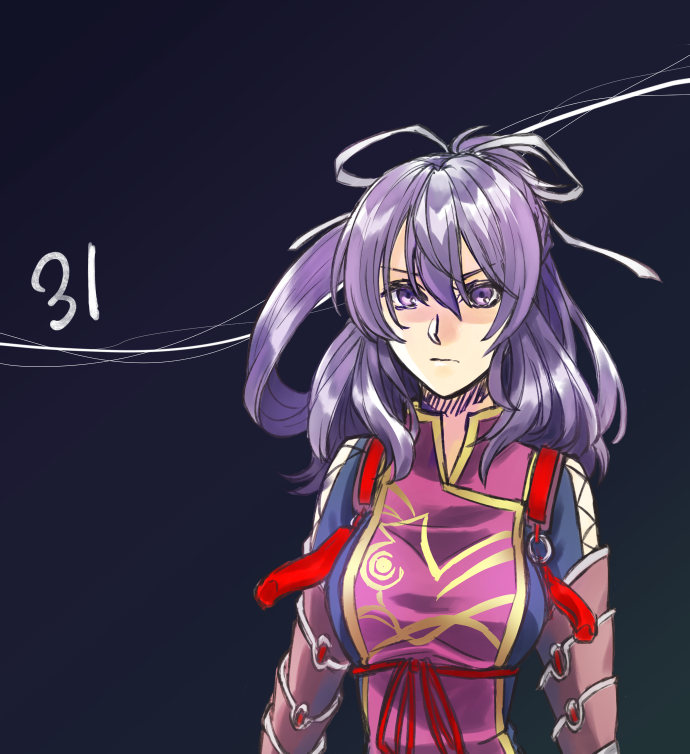 1girl, arm_guards, armor, blue_background, breasts, closed_mouth, commentary_request, countdown