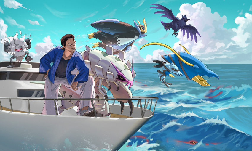 1boy, annihilape, bird, black_shirt, blue_jacket, boat, brown_hair, calvinhobbesholmes, clawitzer, claws, closed_mouth, collarbone, commentary, commission, corviknight, empoleon, english_commentary, facial_hair, floating, flying, gen_3_pokemon, gen_4_pokemon, gen_6_pokemon, gen_7_pokemon, gen_8_pokemon, golisopod, grin, hair_slicked_back, hand_on_own_hip, highres, jacket, kyogre, legendary_pokemon, long_sleeves, male_focus, nintendo, on_boat, open_clothes, open_jacket, open_mouth, original, pants, pokemon, pokemon_(creature), pokemon_team, shirt, short_hair, smile, standing, standing_on_one_leg, teeth, water, watercraft, waves, white_pants