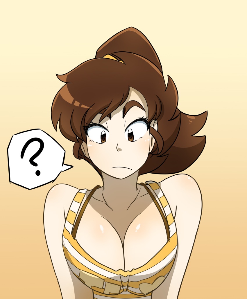 ?, absurdres, breasts, brown_eyes, brown_hair, cleavage, facing_viewer, genderswap, genderswap_(mtf), high_ponytail, highres, kobi-tfs, kobi_(kobi-tfs), large_breasts, non-web_source, original, ponytail, portrait, shirt, speech_bubble, spoken_question_mark, striped_clothes, striped_shirt
