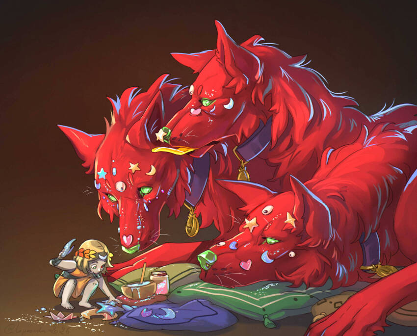 1girl, absurdres, animal, animal_collar, barefoot, blonde_hair, cerberus_(hades), collar, colored_tongue, commentary, crescent, dog, dog_snout, english_commentary, glitter, glitter_makeup, glowing, glowing_eyes, green_eyes, hades_(series), hades_2, heart, heart_sticker, heterochromia, highres, lepaondu, looking_at_another, looking_down, melinoe_(hades), melinoe_(young)_(hades), mismatched_sclera, multiple_heads, oversized_animal, pillow, red_eyes, red_fur, smile, snout, star_(symbol), star_sticker, sticker, sticker_on_face, tongue, tongue_out, whiskers, yellow_tongue