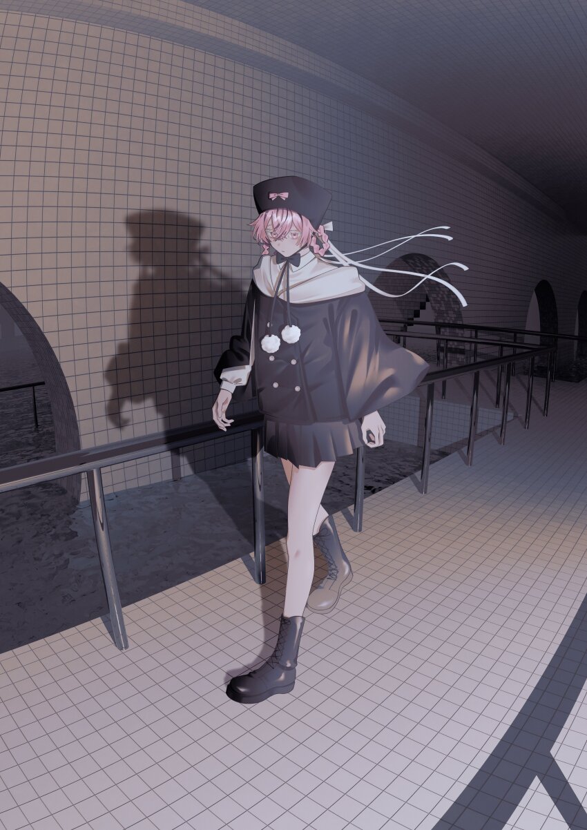 1girl, 404_4628, absurdres, black_boots, black_bow, black_hat, black_jacket, black_skirt, boots, bow, braid, braided_hair_rings, colored_eyelashes, commentary, dream_pool, full_body, hair_between_eyes, hair_rings, hat, hat_ornament, highres, indoors, jacket, long_sleeves, original, pink_bow, pink_eyes, pink_hair, pom_pom_(clothes), railing, ribbon, shadow, skirt, solo, tile_floor, tile_wall, tiles, walking, white_ribbon