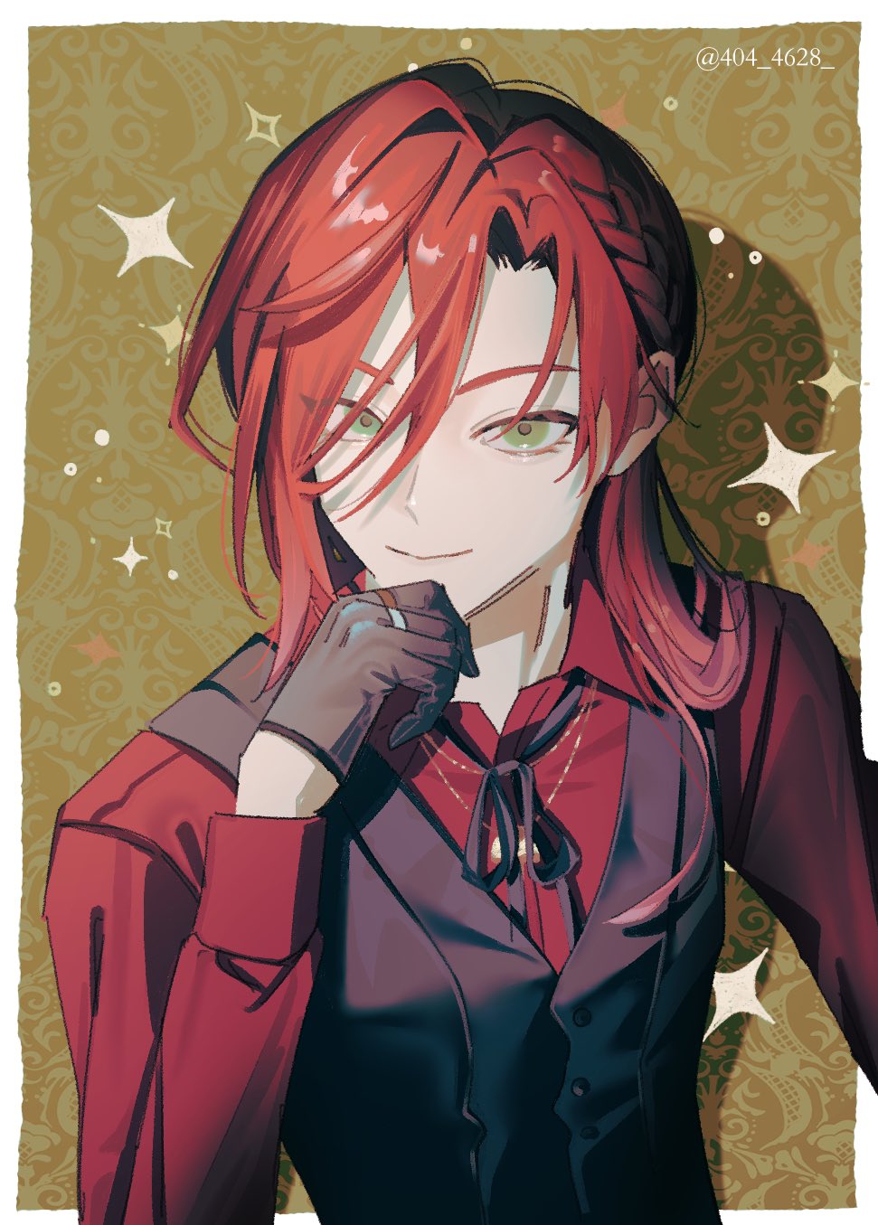 1boy, 404_4628, artist_name, black_gloves, black_ribbon, black_vest, border, braid