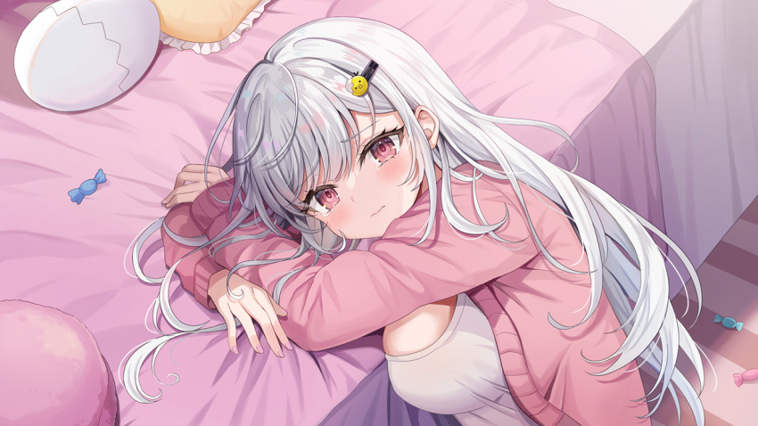 1girl, amaki_chun, arm_rest, bed, blush, breasts, candy, cardigan