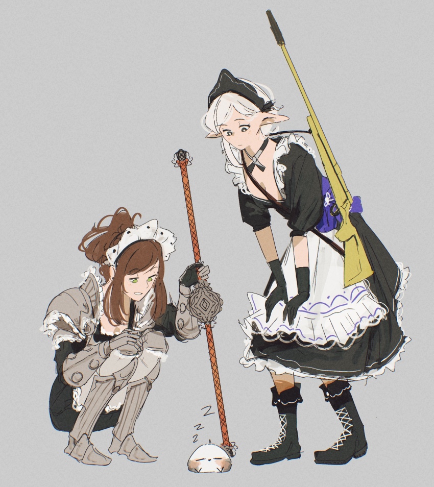 2girls, :/, alternate_costume, apron, arm_armor, armor, armor_request, armor_under_clothes