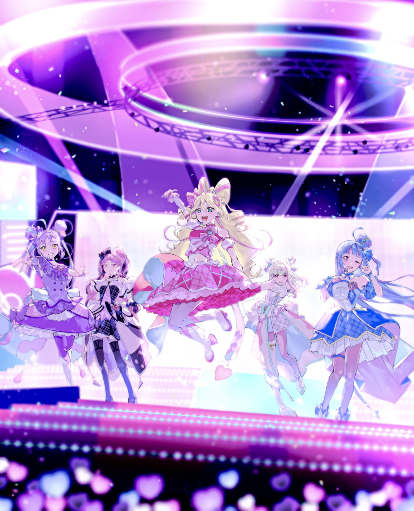 5girls, aokaze_nana, arena, arm_up, asymmetrical_legwear, bare_arms, bare_legs, bare_shoulders, black_dress, black_hair, black_socks, black_thighhighs, blonde_hair, blue_dress, blue_eyes, blue_hair, blunt_bangs, blurry, bokeh, boots, bow, brooch, bubble_skirt, closed_mouth, commentary, cure_connect, cure_idol, cure_kiss, cure_kyunkyun, cure_wink, cure_zukyuun, curled_horns, dancing, depth_of_field, detached_collar, detached_sleeves, double_bun, dress, dress_bow, drill_hair, earrings, elbow_gloves, fingerless_gloves, frilled_cuffs, frilled_dress, frills, gingham_clothes, gingham_dress, gloves, gradient_hair, green_hair, grin, hair_between_eyes, hair_bun, hair_ornament, hair_ribbon, hair_tie, hair_wings, half-dress, half_up_bun, headband, headset, heart, heart-shaped_pupils, heart_brooch, heart_hair_bun, heart_hair_ornament, hibiki_kaito, highres, horns, idol, jewelry, jumping, kimi_to_idol_precure, kneehighs, leaning_forward, light_particles, long_hair, magical_girl, medium_skirt, meroron_(precure), midriff, midriff_peek, miniskirt, multicolored_dress, multicolored_hair, multiple_girls, music, navel, neon_lights, one_eye_closed, open_mouth, parted_bangs, picarine_(precure), pink_dress, pink_eyes, pink_hair, pink_shirt, pink_skirt, precure, puffy_detached_sleeves, puffy_sleeves, purirun_(precure), purple_bow, purple_dress, purple_eyes, purple_hair, purple_thighhighs, reaching, reaching_towards_another, reaching_towards_viewer, ribbon, rui_memo, sakura_uta_(precure), screen, shigure_kokoro, shirt, side_ponytail, singing, skirt, sleeveless, sleeveless_shirt, smile, socks, stage, stage_lights, stairs, standing, standing_on_one_leg, strapless, strapless_dress, streaked_hair, symbol-shaped_pupils, tanaka_meron, tanaka_purin, thighhighs, twintails, two-tone_hair, very_long_hair, white_boots, white_bow, white_dress, white_thighhighs, wing_hair_ornament, wrist_cuffs, wristband, yellow_eyes