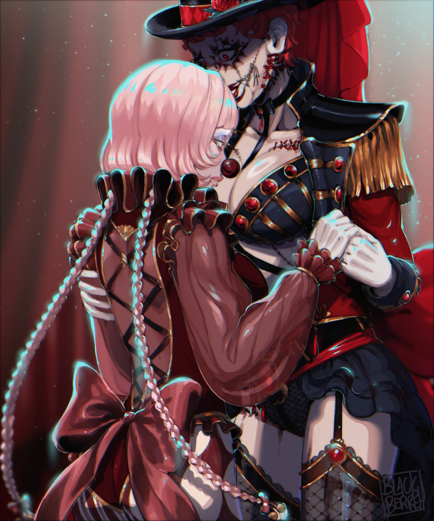 2girls, absurdres, ass, beaded_eyelashes, blackberreh-art, blood, bow, braid