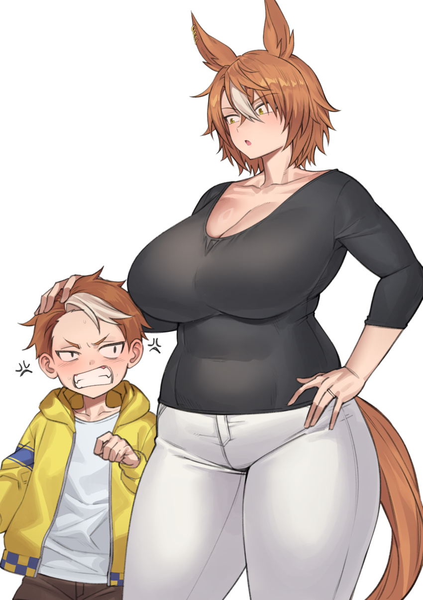 1boy, 1girl, absurdres, aged_up, anger_vein, animal_ears, black_shirt, breasts