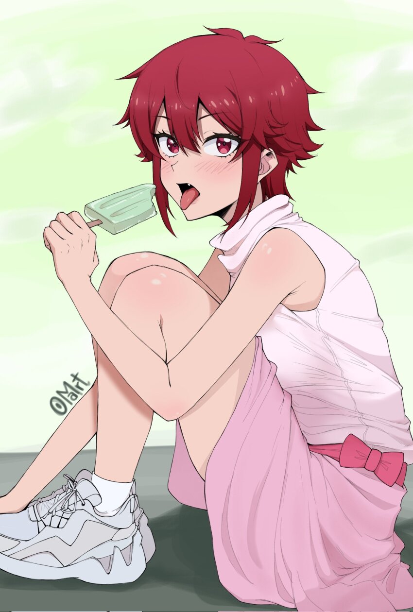 1girl, aizawa_tomo, arm_out_of_frame, artist_name, bare_shoulders, blush, bow, commentary_request