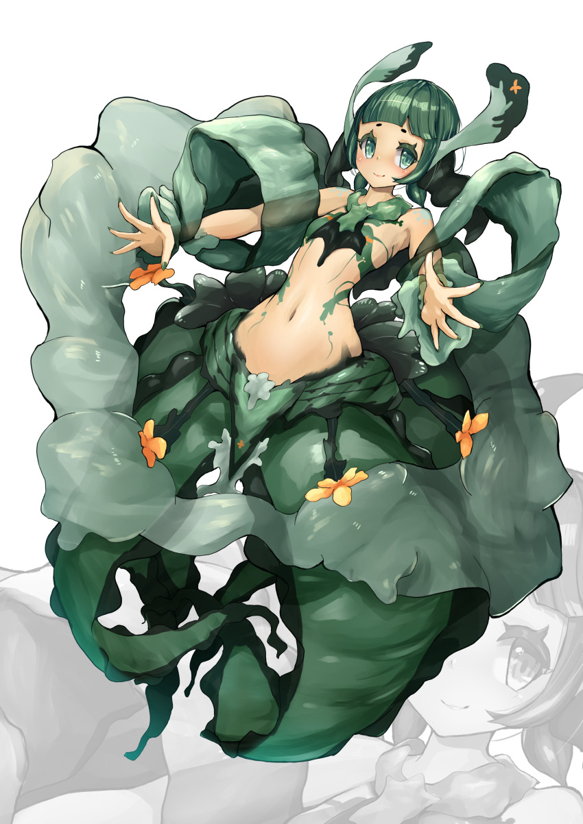 absurdres, antennae, bare_shoulders, blunt_bangs, blush, commentary_request, different_zoom_layer, flat_chest