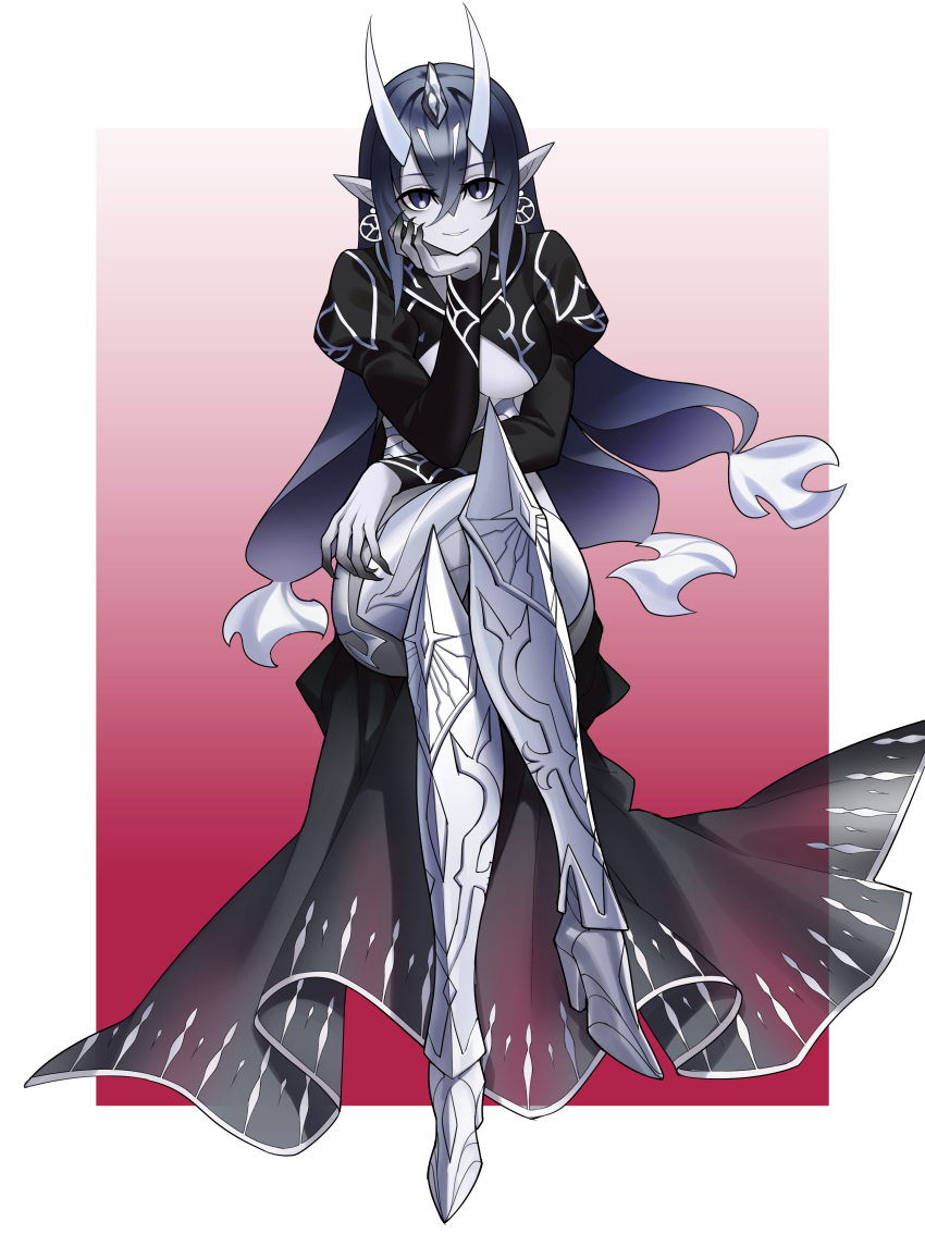 1girl, absurdres, black_hair, border, breasts, closed_mouth, commentary_request, crossed_legs