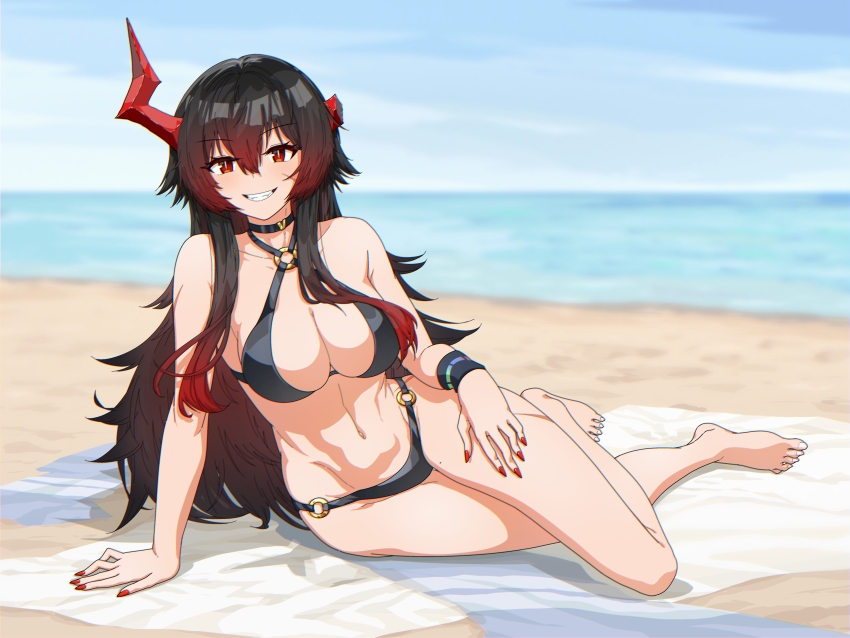 1girl, absurdres, arm_support, asymmetrical_horns, azur_lane, bare_shoulders, barefoot, beach