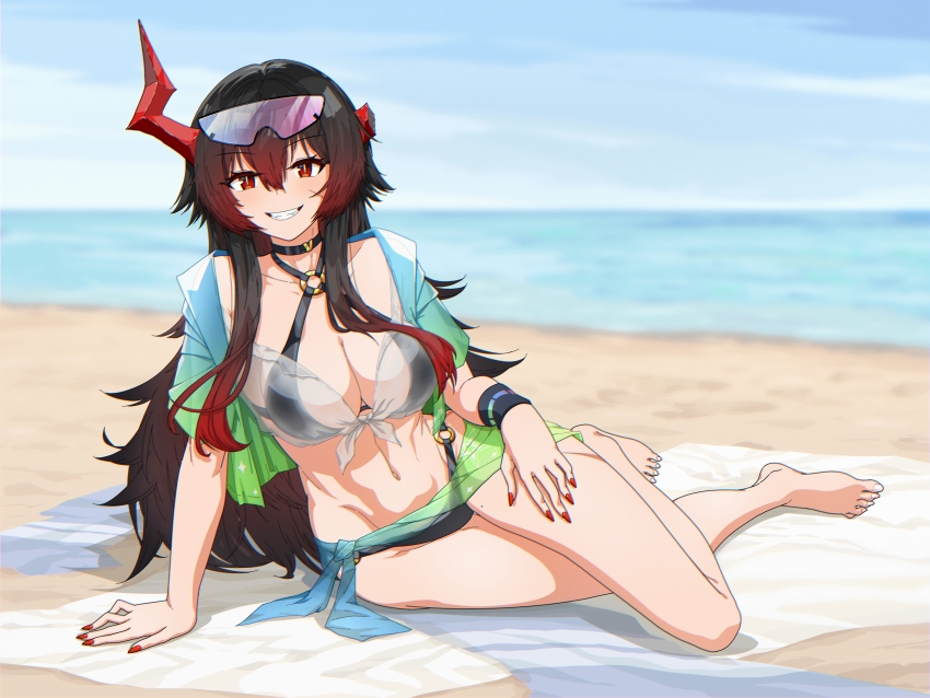 1girl, absurdres, arm_support, asymmetrical_horns, azur_lane, barefoot, beach, beach_mat