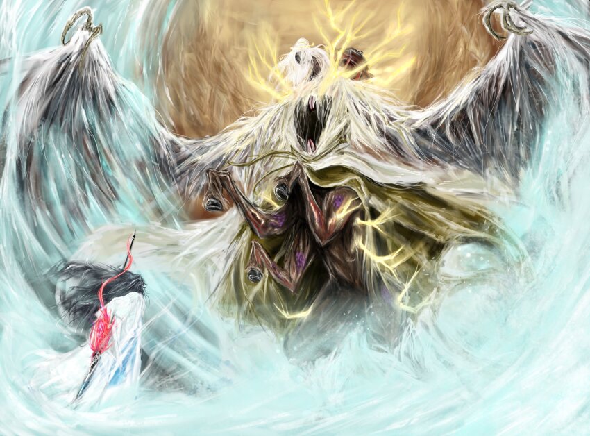 1boy, 1girl, battle, black_hair, black_skin, branch, centauroid, chinese_clothes